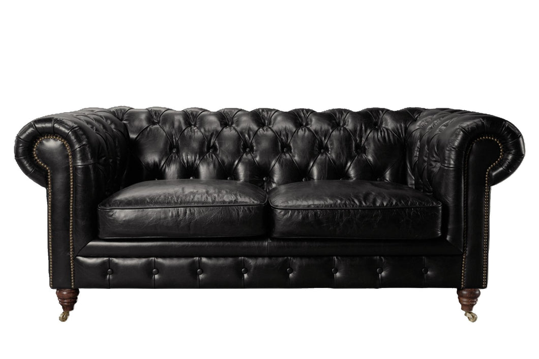 Aged Top Grain Leather Chesterfield 2-Seater Sofa, A102L Black