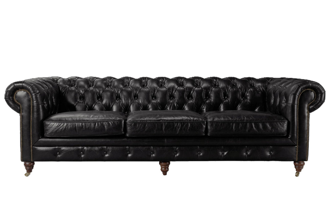 Aged Top Grain Leather Chesterfield 3 Seater Sofa, A102S Black