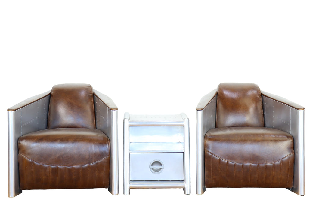 TNC Spitfire Armchairs and Cabinet, Genuine Leather & Aluminum