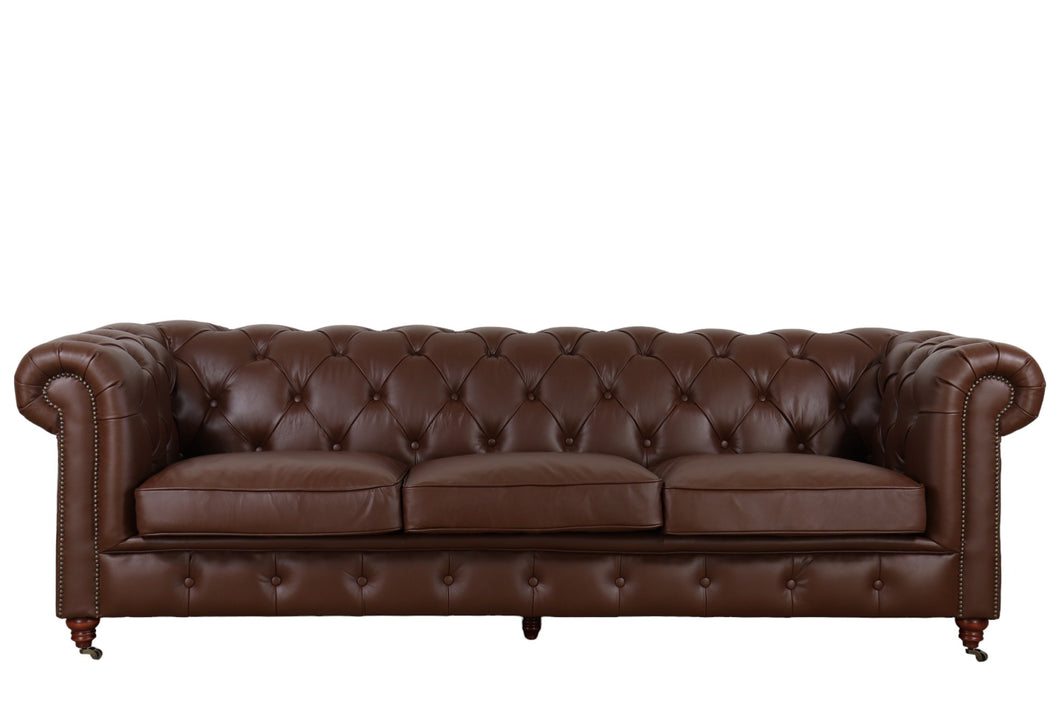 TNC Top Grain Leather Chesterfield 3-Seater Sofa, Dark Brown