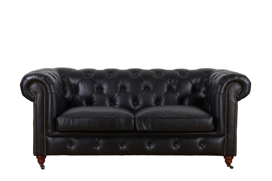 TNC Top Grain Leather Chesterfield 2-Seater Sofa, Black