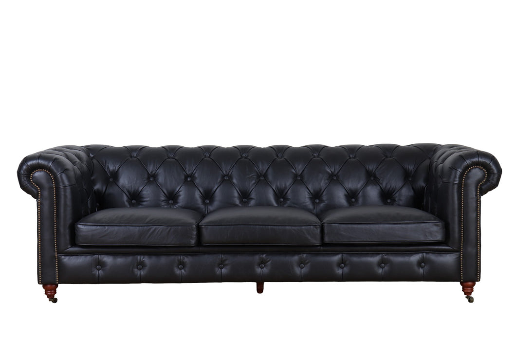 TNC Top Grain Leather Chesterfield 3 Seater Sofa, Black