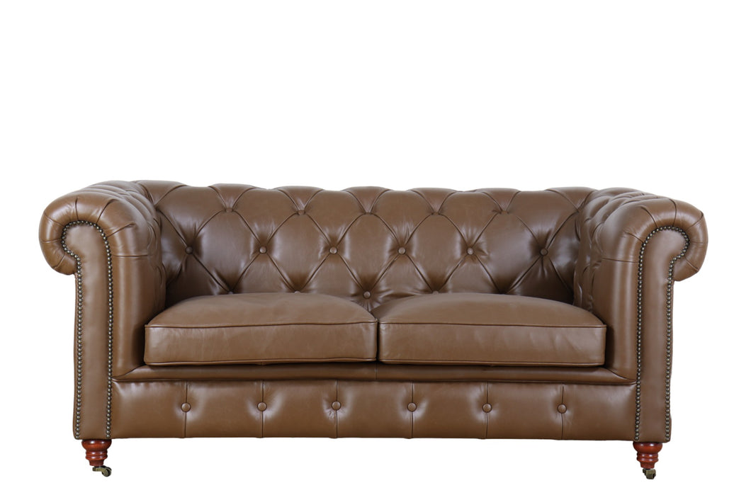 TNC Top Grain Leather Chesterfield 2 Seater Sofa, Putty Brown